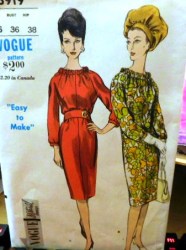 5919 VOGUE EASY 1960S SHEATH RAGLAN DRESS PATTERN, BELT PATTERN 16 36"B